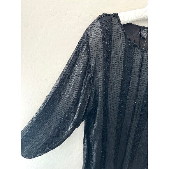 🆕 JEWEL QUEEN | Vintage Black 100% Silk Sequin Beaded Heavyweight Cardigan | XL - Picture 2 of 7